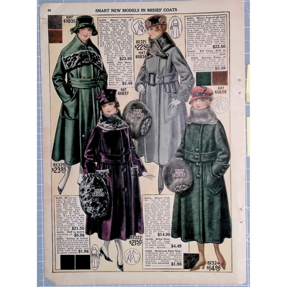 1917 Bellas Hess Womens Coats Color Fashion Antique Catalog Page Ephemera